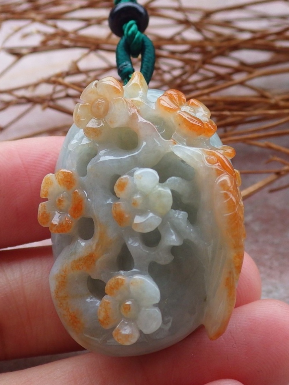Certified Natural Burma A Jade jadeite Phoenix Bird Flower Pendant Necklace
